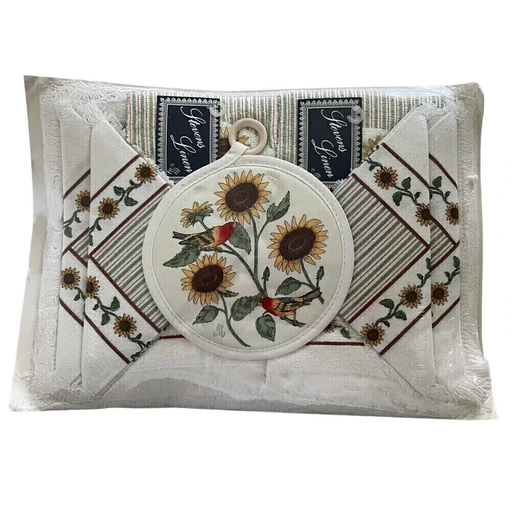 Vintage Stevens Linen Placemats Napkins Potholder Original Packaging Bird Flower